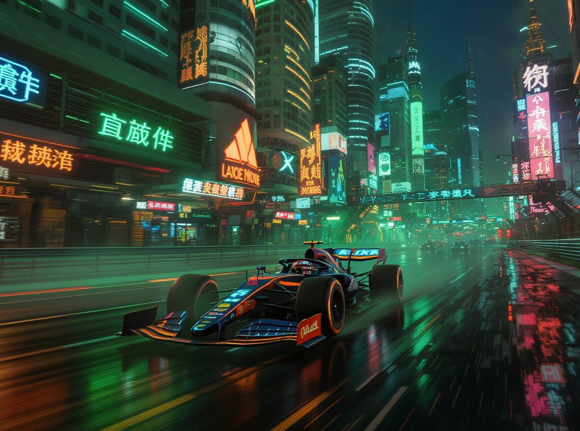 Formula One Cars Racing in Cyberpunk Neo-Tokyo