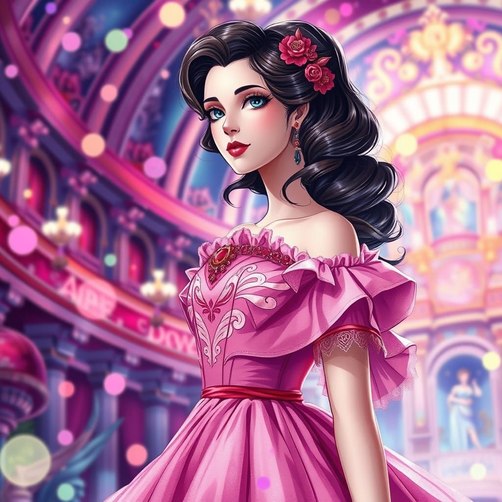 Christine Daae in Pink Dress with Baroque Swirls