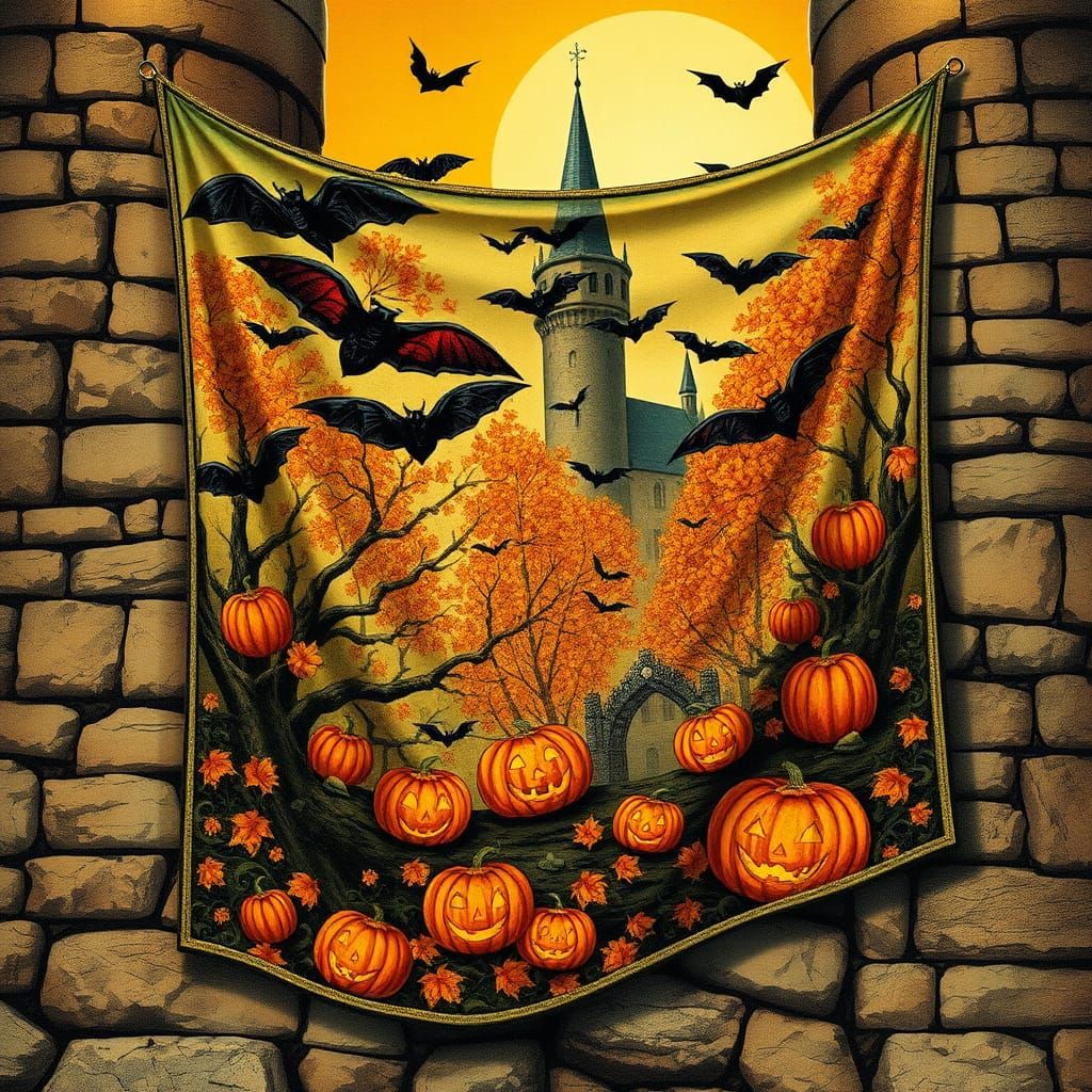 Whimsical Halloween Tapestry on Stone Castle Wall