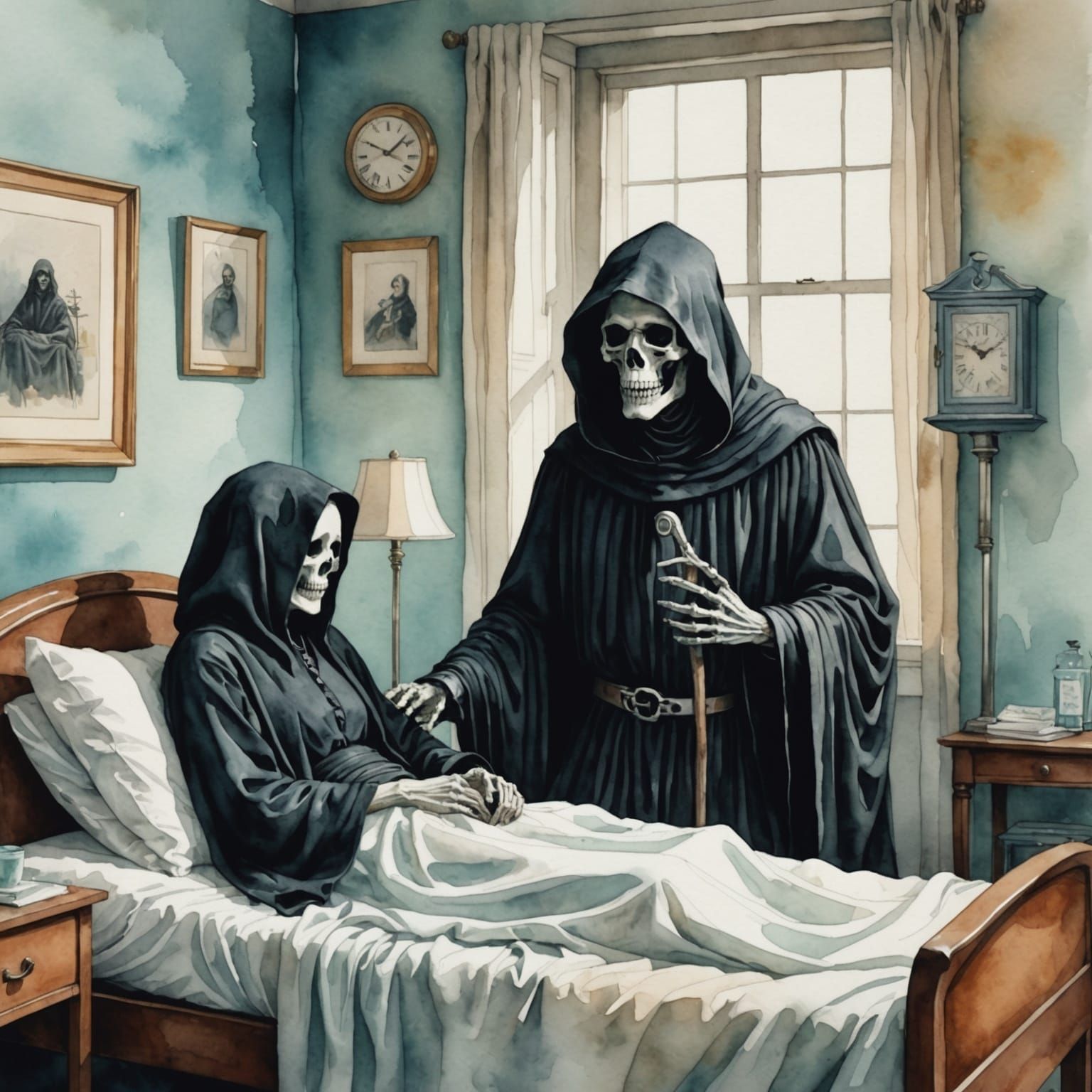 Grim Reaper Comforts Woman: Watercolor Art