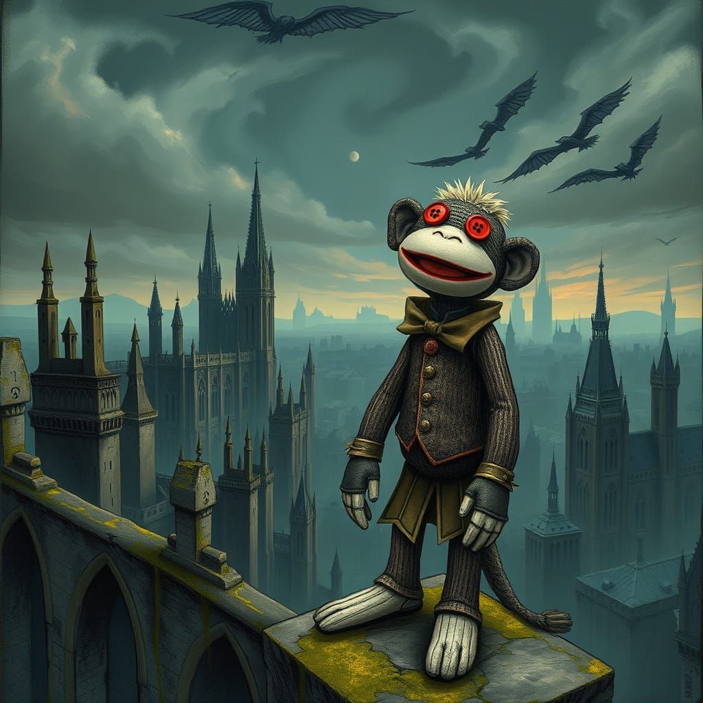 Victorian Sock Monkey on Gothic Parapet