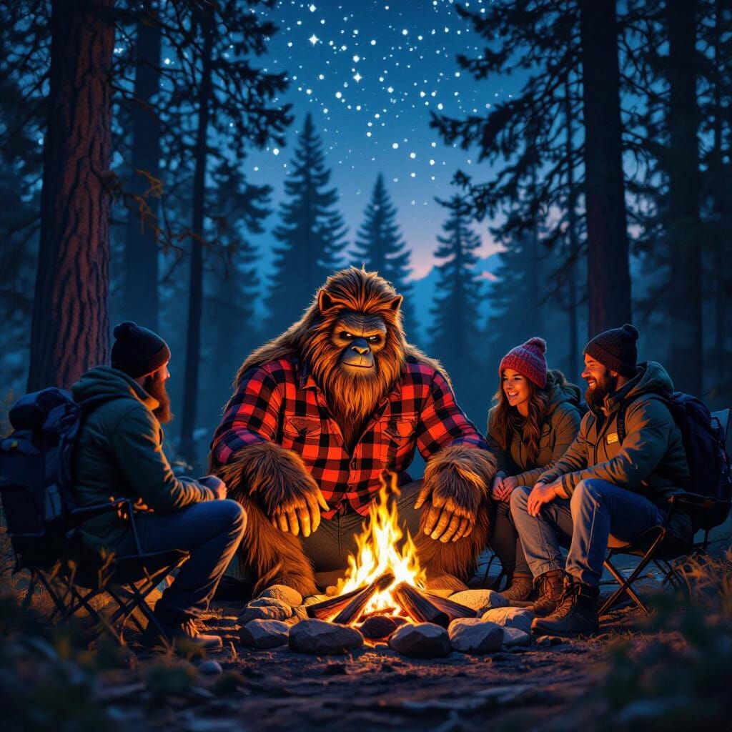 Bigfoot with Friends Around Campfire in Pine Forest
