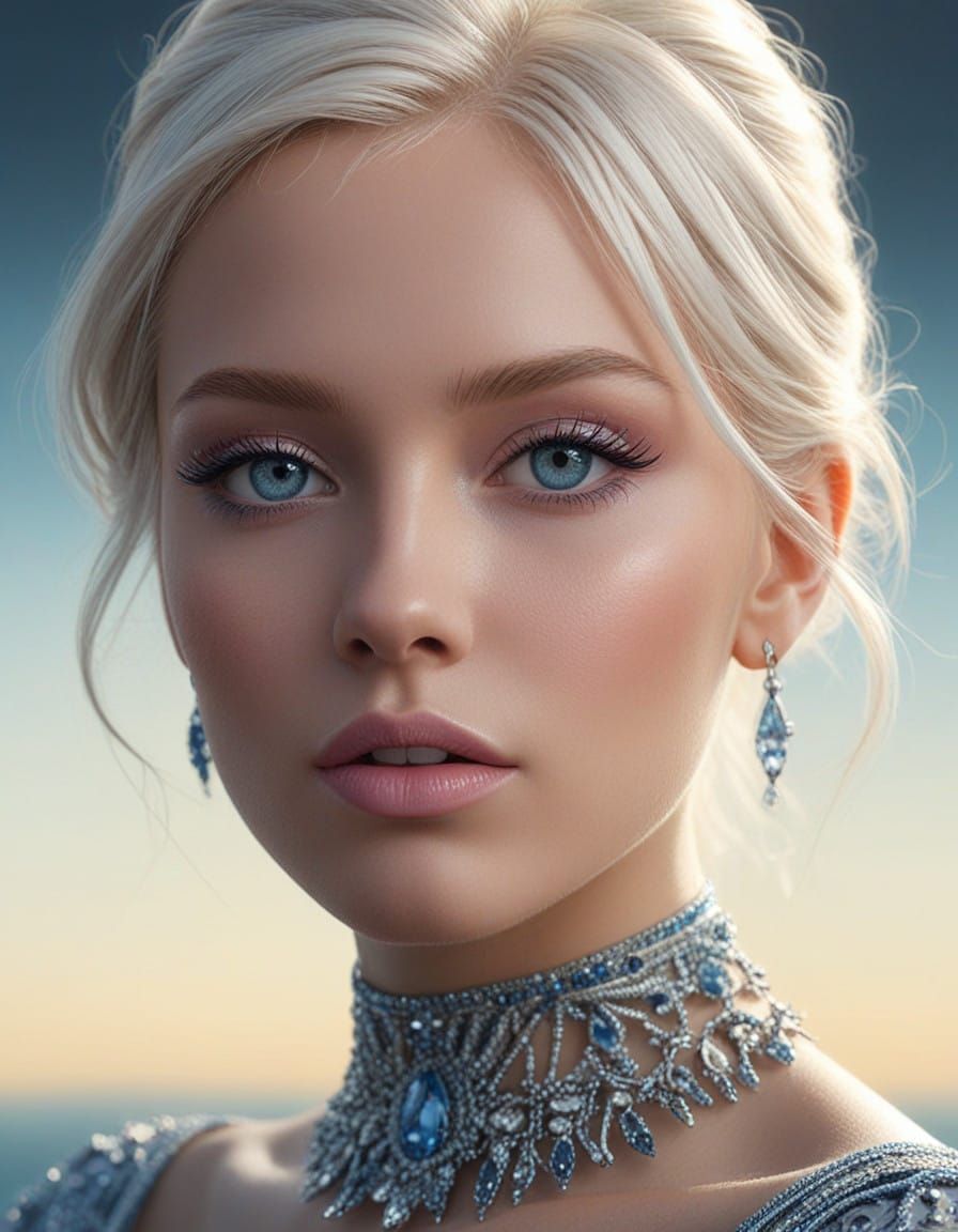 Stunning portrait of beautiful woman with platinum blonde hair and crystal blue eyes with light blue eyeshadow with blue...