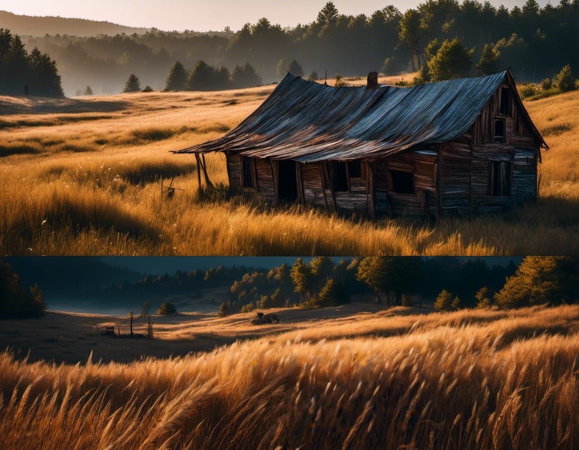 Foreboding Shack in Field of Brown Grass