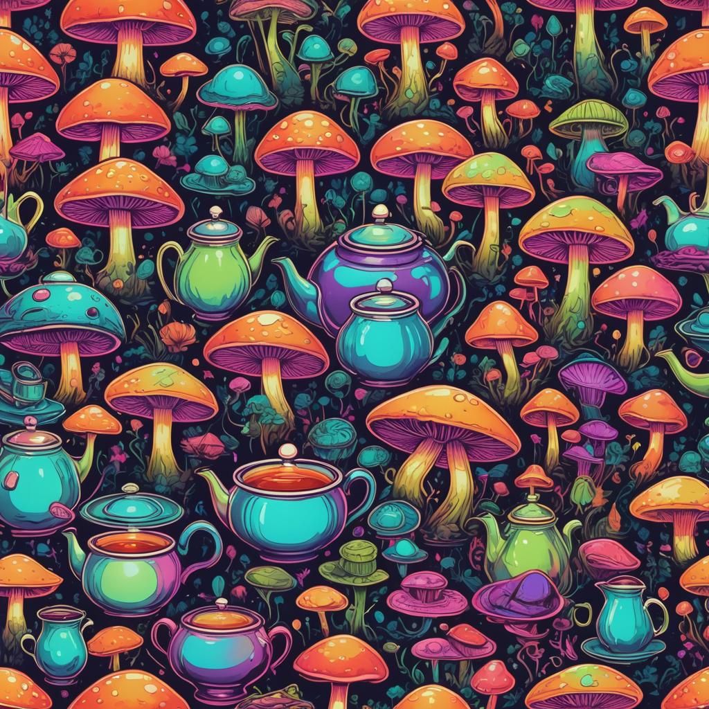 Psychedelic Aliens Enjoy Mushroom Tea in Synthwave Style