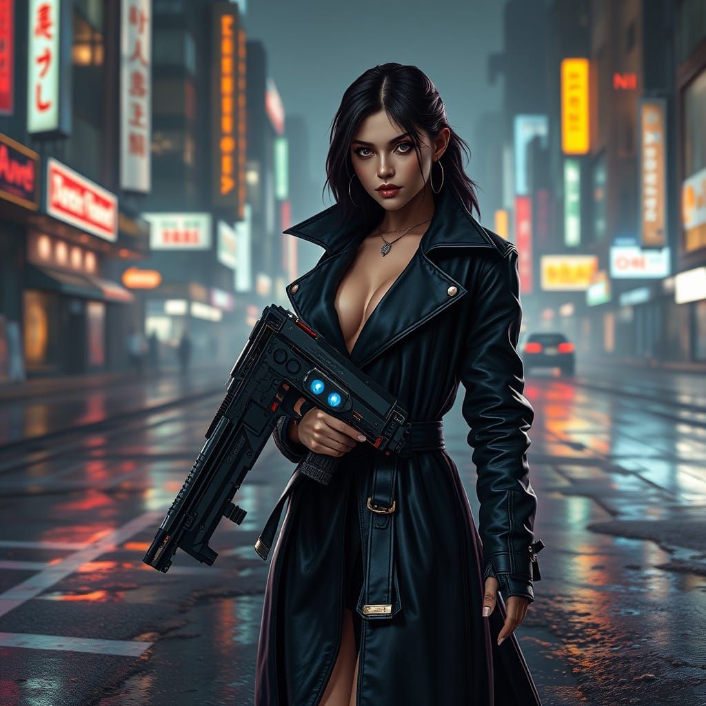 Girl in Cyberpunk Trench Coat Fires Futuristic Gun