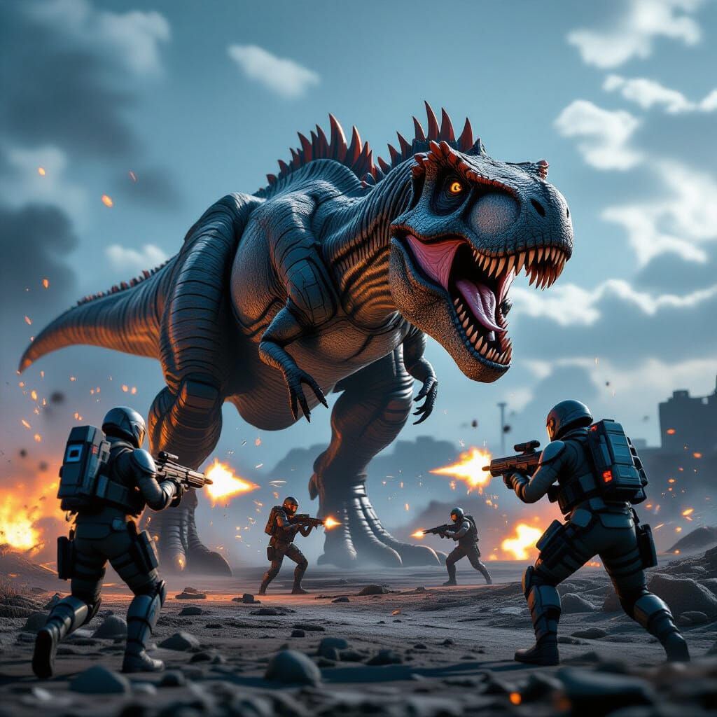 Futuristic Soldiers Battle Giant T-Rex in Epic Cinematic Sce...