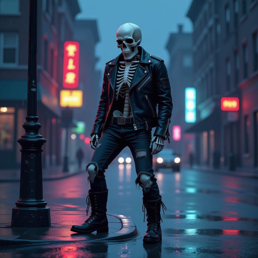 Skeleton Biker on Wet Street Corner at Night