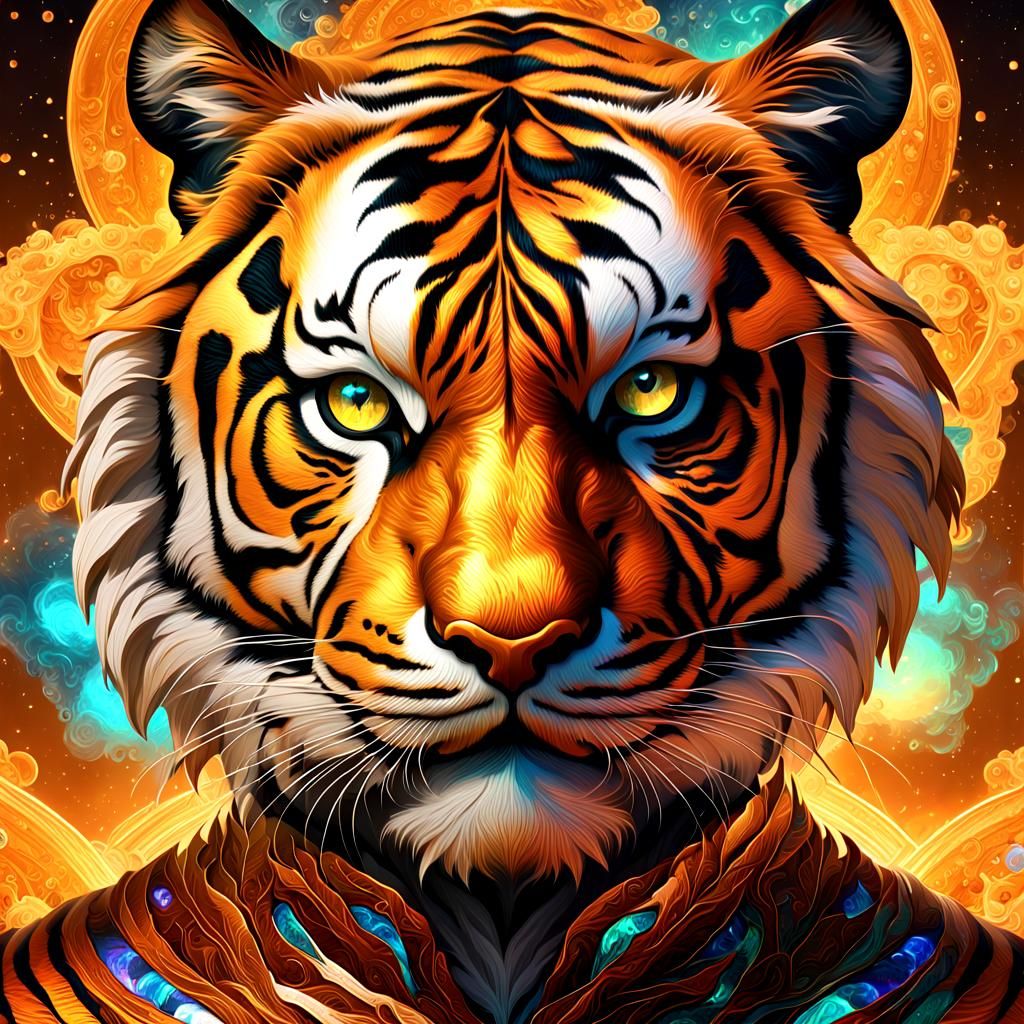 Luminescent Fractal Tiger Portrait in Cosmic Style