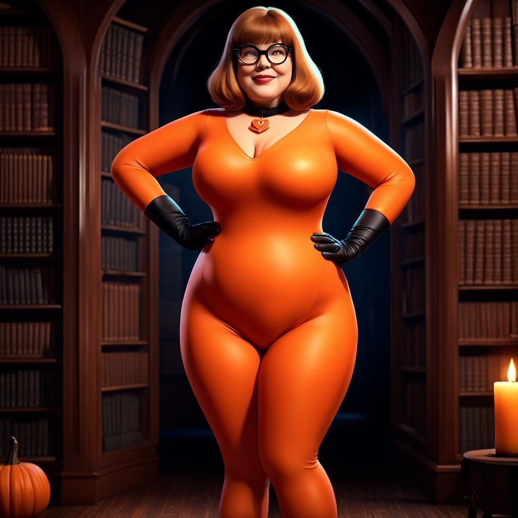Playful Velma in Leather Catsuit in Haunted Library