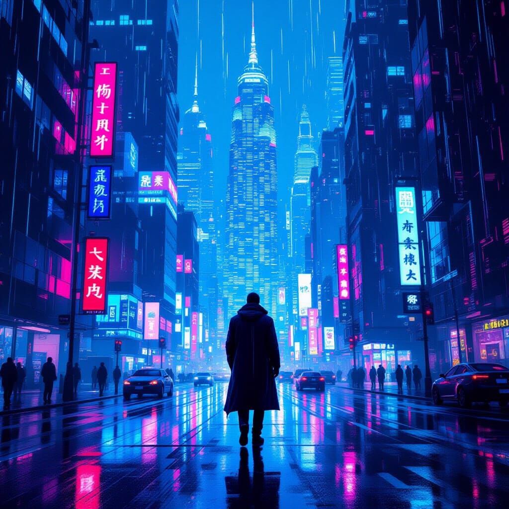 Cyberpunk Cityscape with Figure in Neon Rain