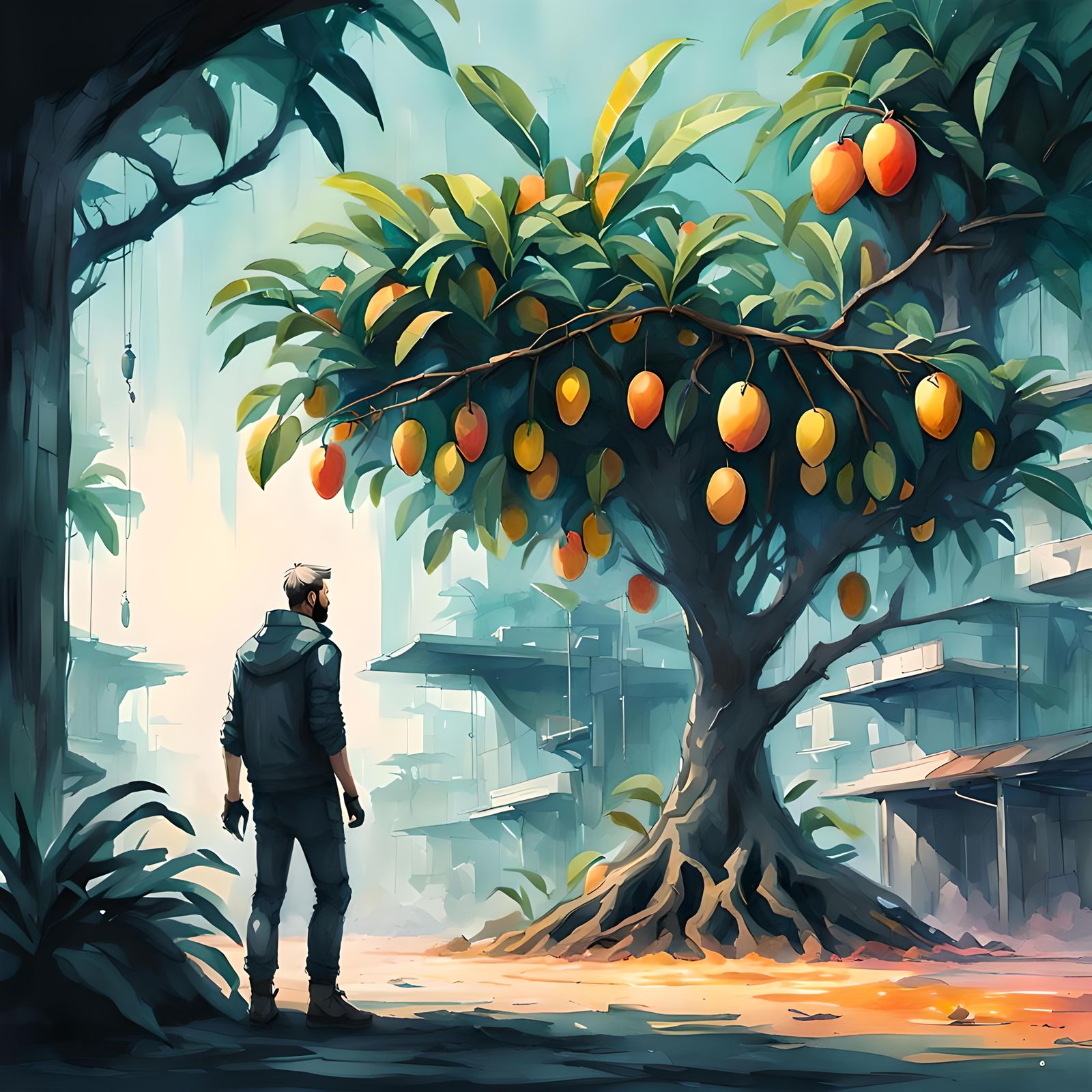 Man Harvesting Mango in Cyberpunk Watercolor Style