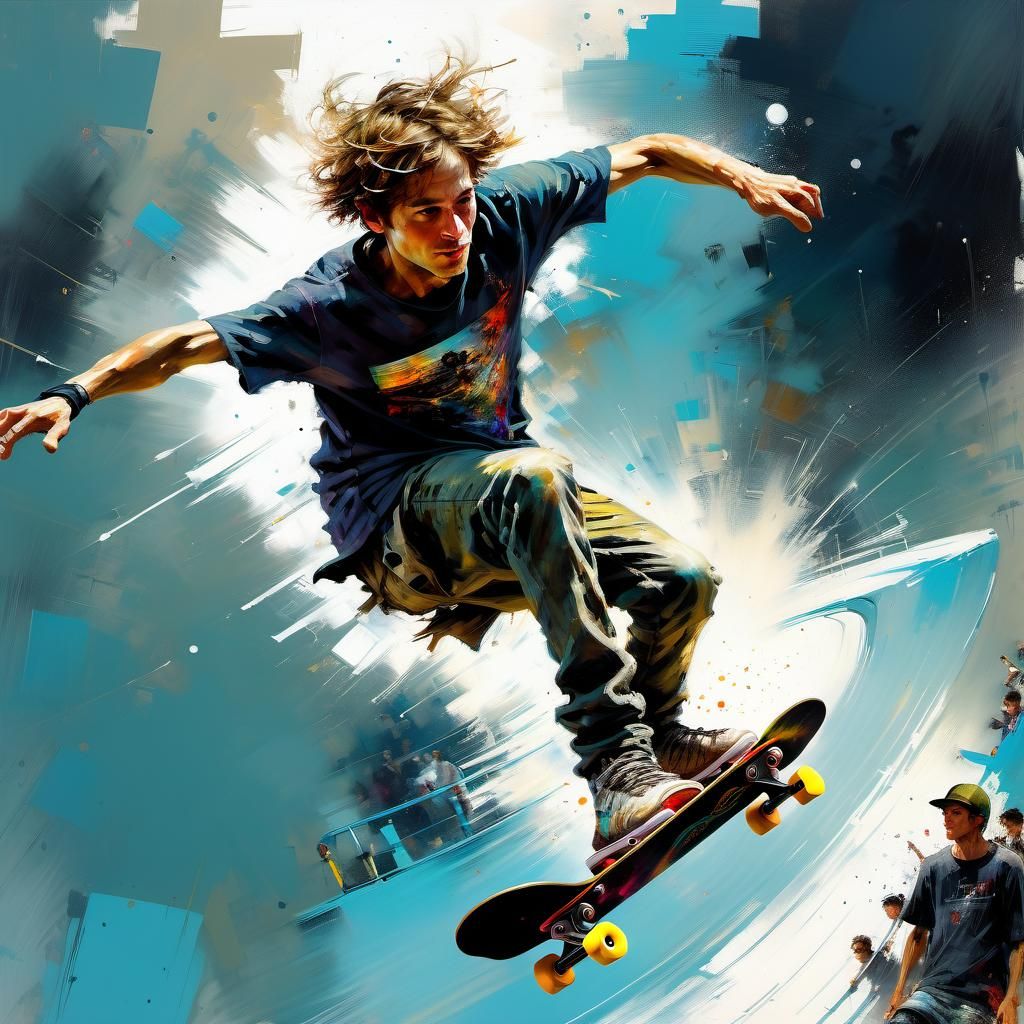 Skateboarder's Big Air: Detailed Painting in Natural Light