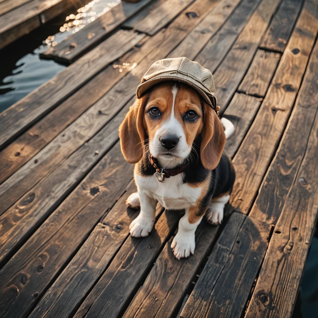 Beagle Puppy in Fishing Hat at Golden Hour