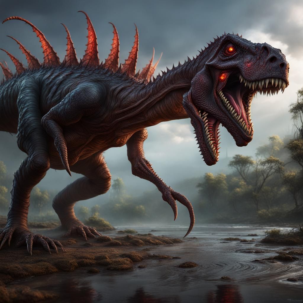 Demonic Eldritch Spinosaurus in Detailed Matte Painting