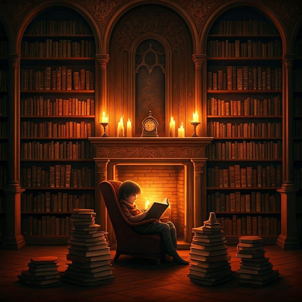 Child Reading by Fireplace: Fantasy Concept Art
