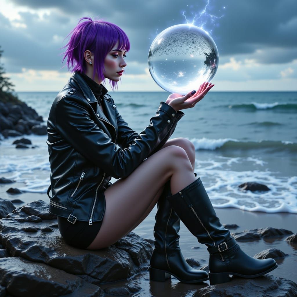 Punk Woman Contemplates White Snow Globe by Sea