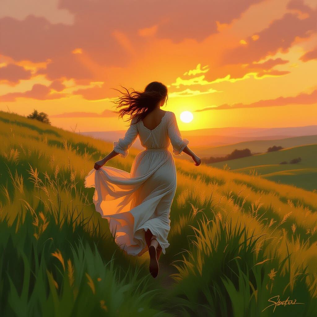 Woman Running Through Grassy Hill at Sunset