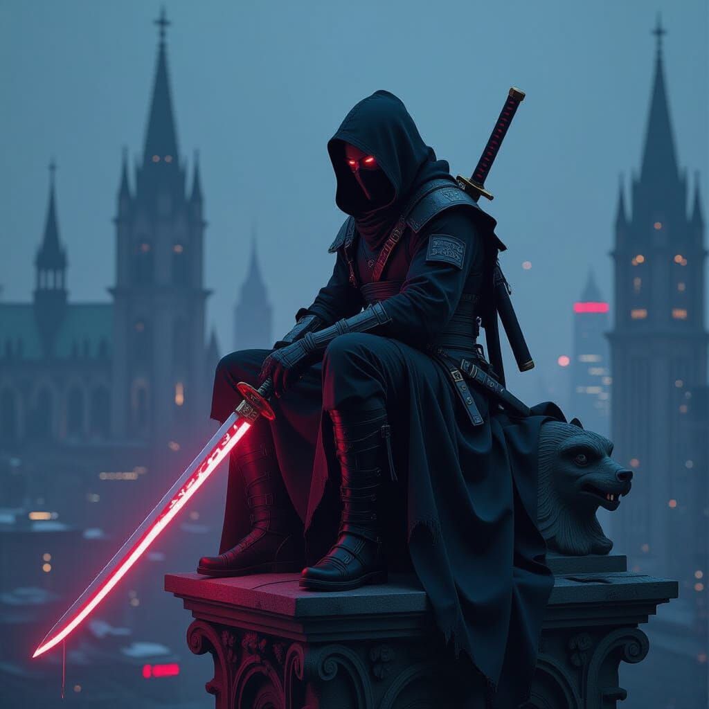 Ninja Over Cyberpunk City, Gothic Architecture