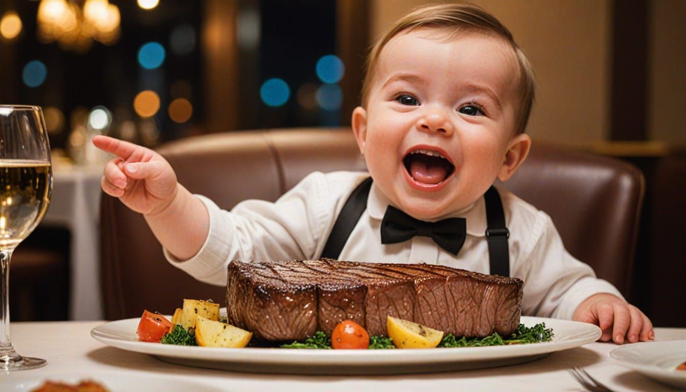 Baby Celebrates Steak Dinner in Hyper-Realistic Photo