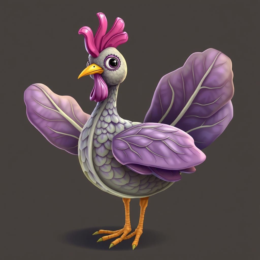 Cartoon Cabbage Bird with Leaf Feathers