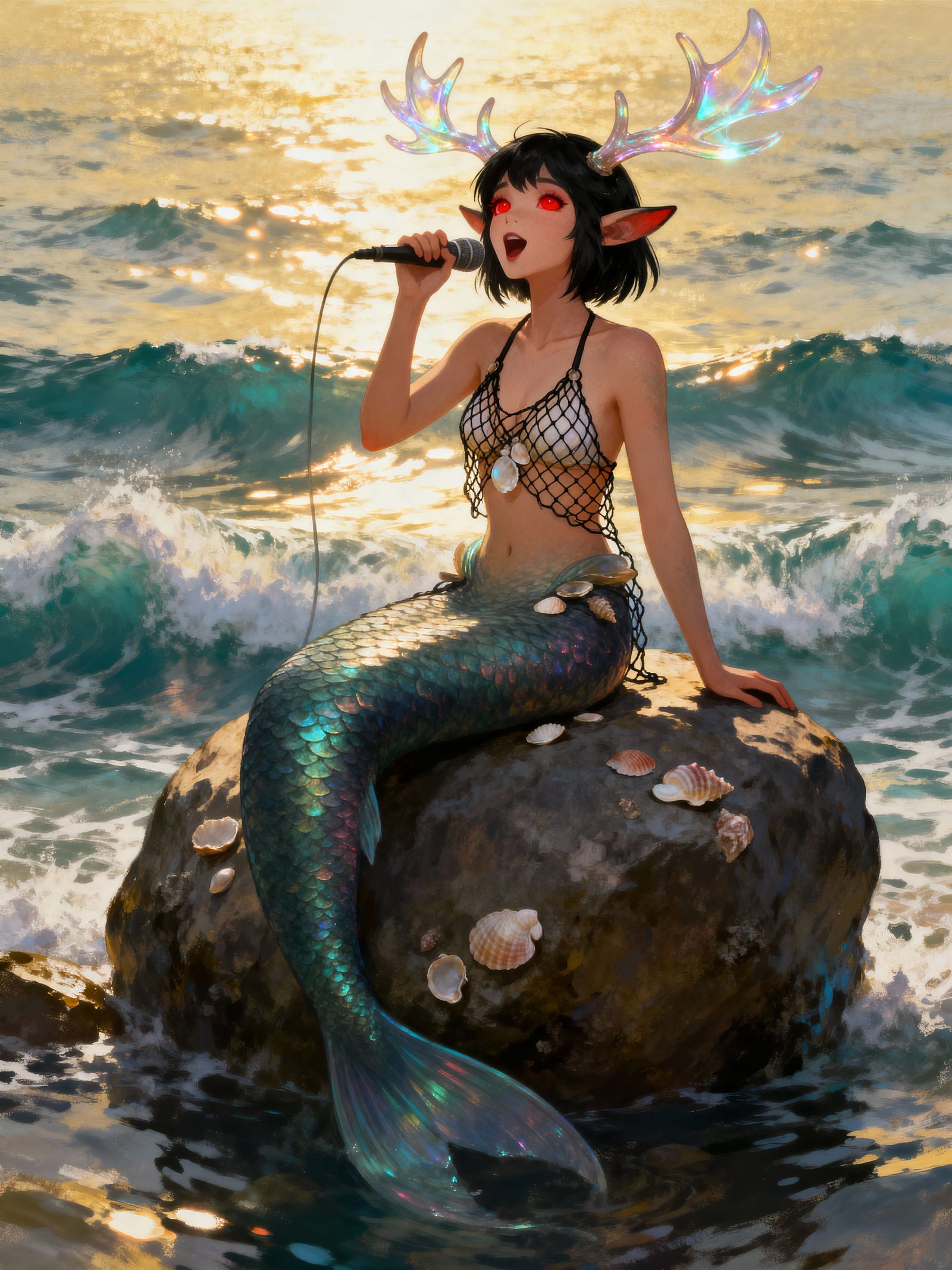 Red Eyed Mermaid with Antlers Sings on Boulder