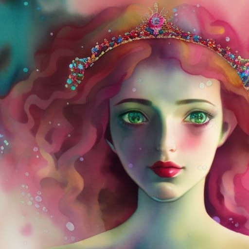 Watercolor Painting of a Maiden with Gemstone Crown