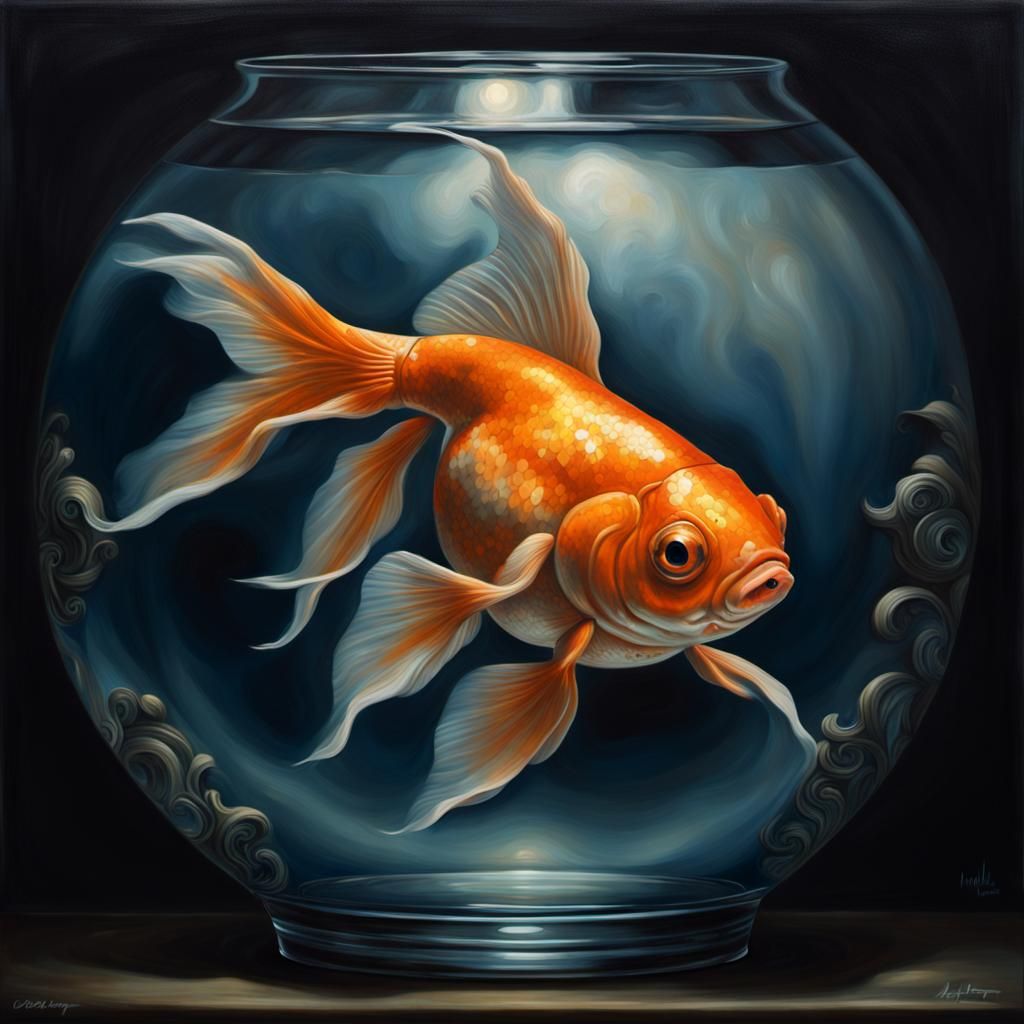 Eerie Goldfish Oil Painting in Surreal Horror Style