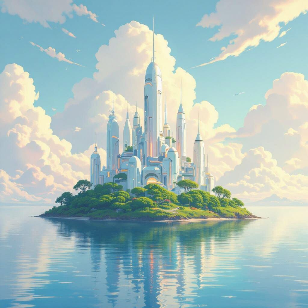 Futuristic Floating City Blends Frutiger Aero and Ghibli Art