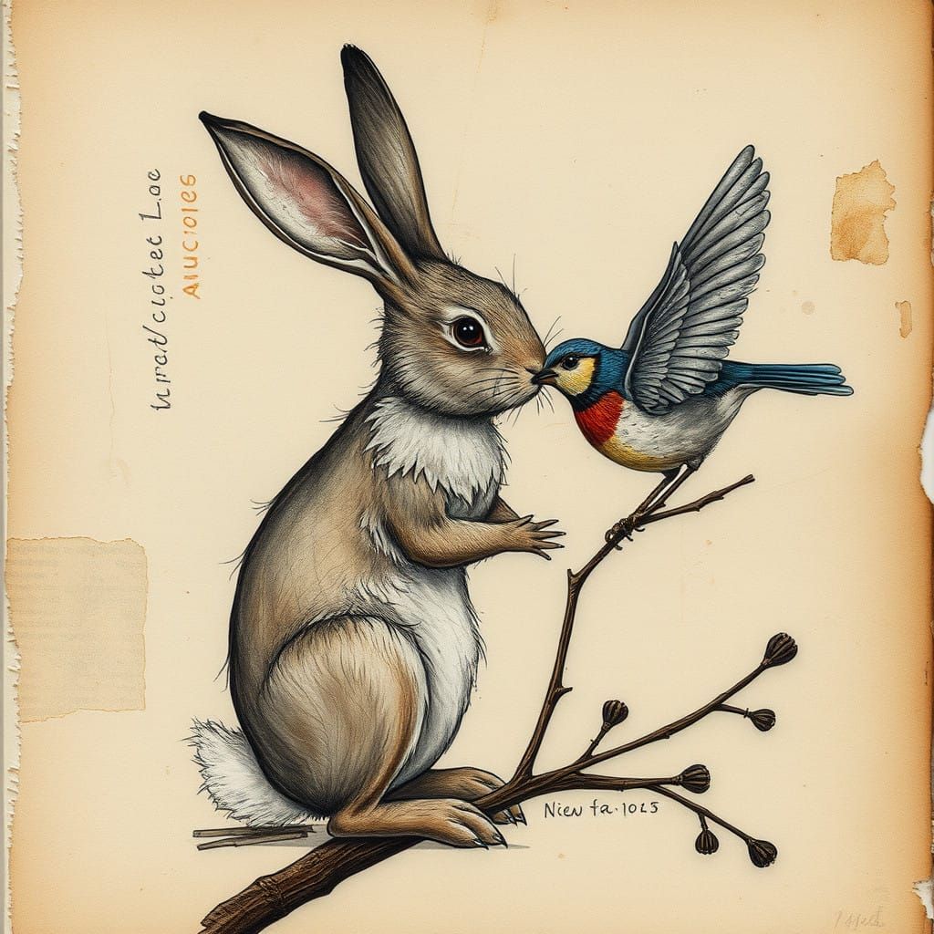 Distressed Bunny and Bird on Antique Paper