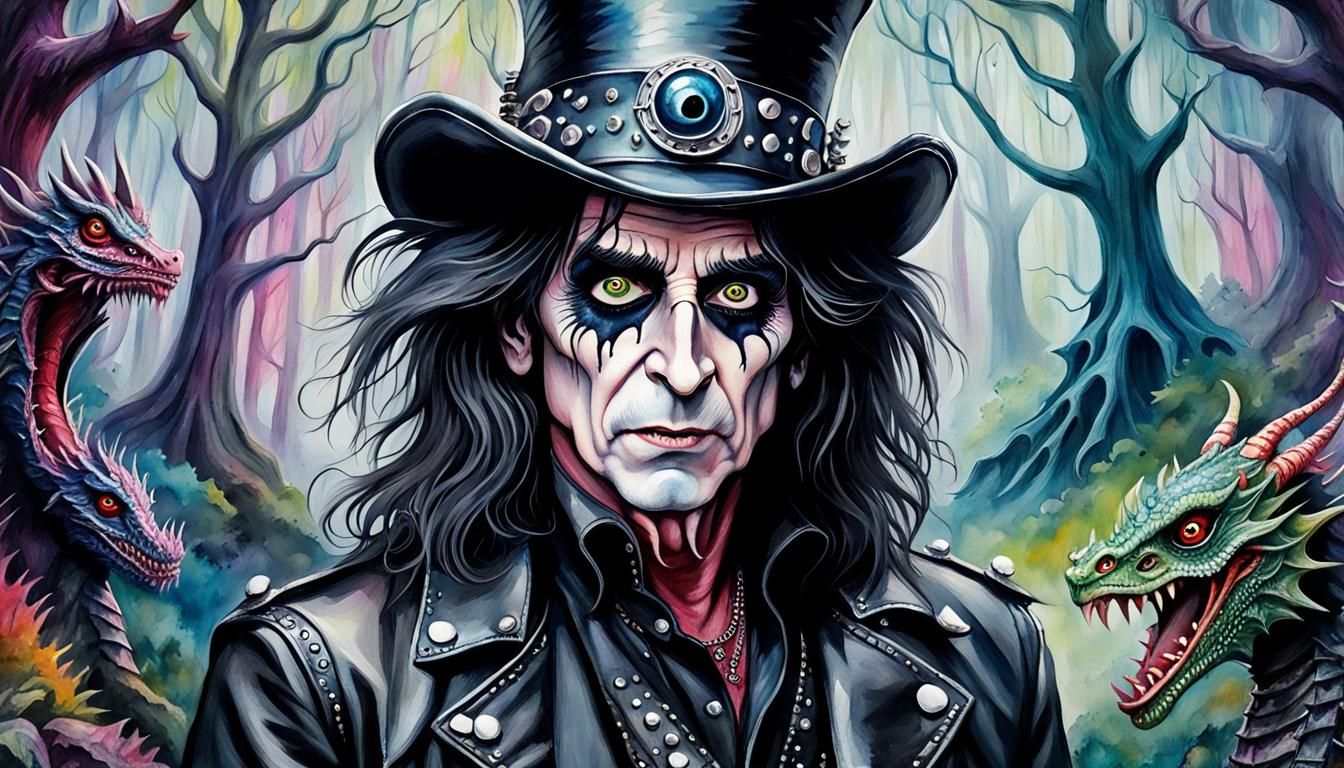 Alice Cooper Portrait in Gothic Fantasy Watercolor Style