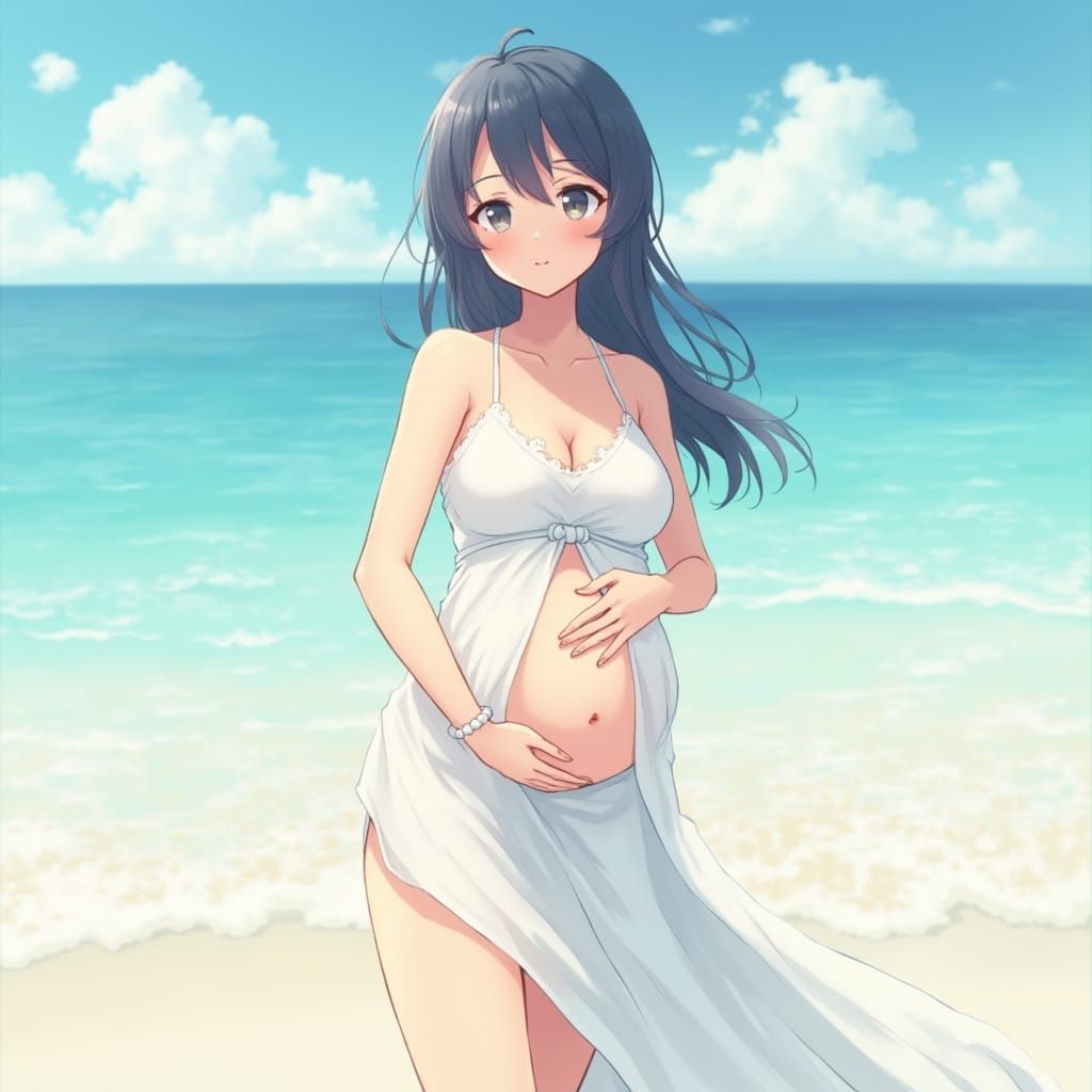 Anime Woman in Wedding Dress Bikini on Beach