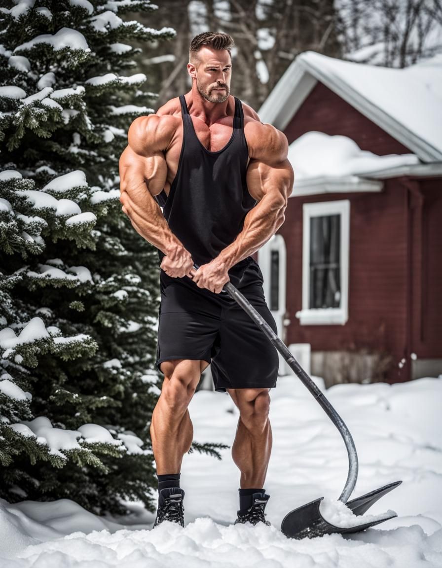 Bodybuilder Flexing Biceps While Shoveling Snow