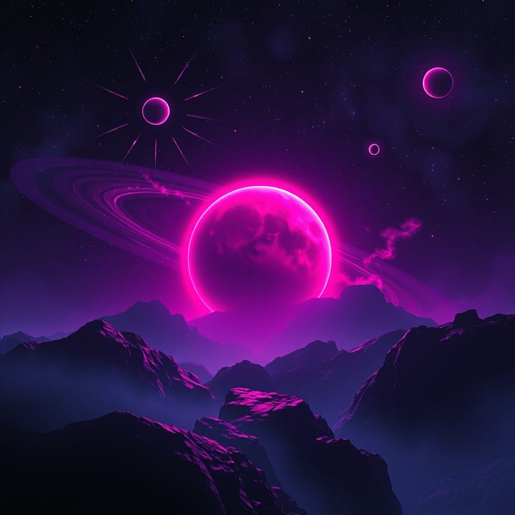 Mystical Solar System in Synthwave Neon Retro Style