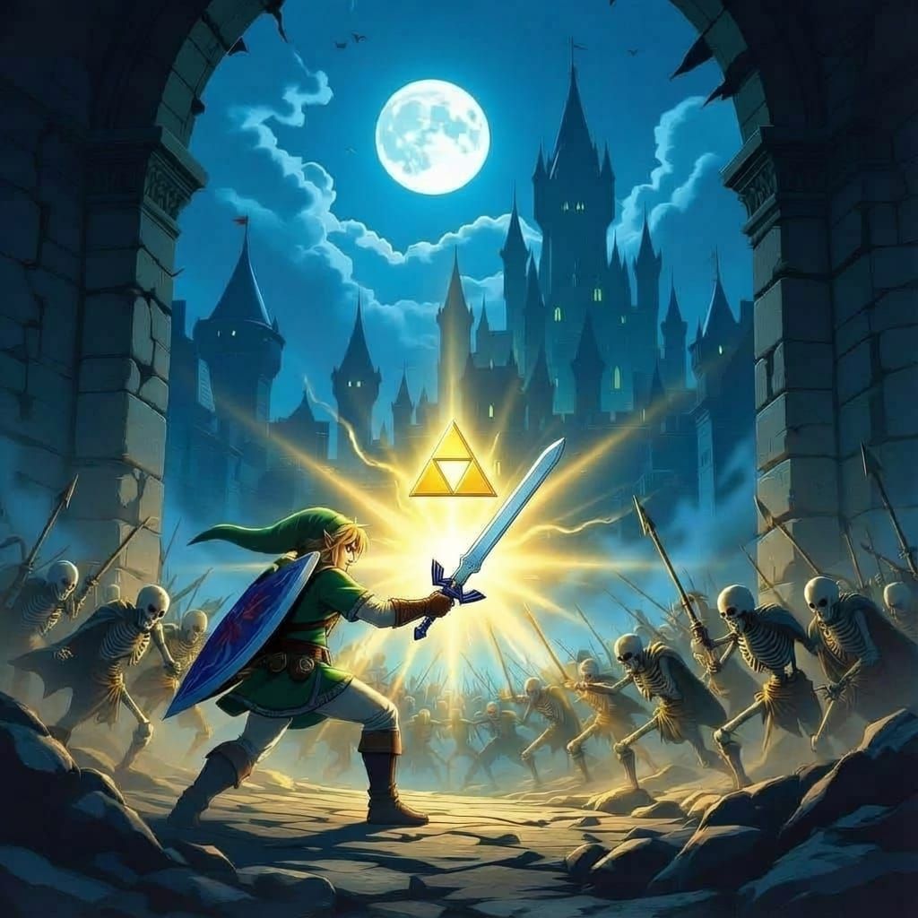 Link Battles Skeletons in Hyrule Castle at Dusk