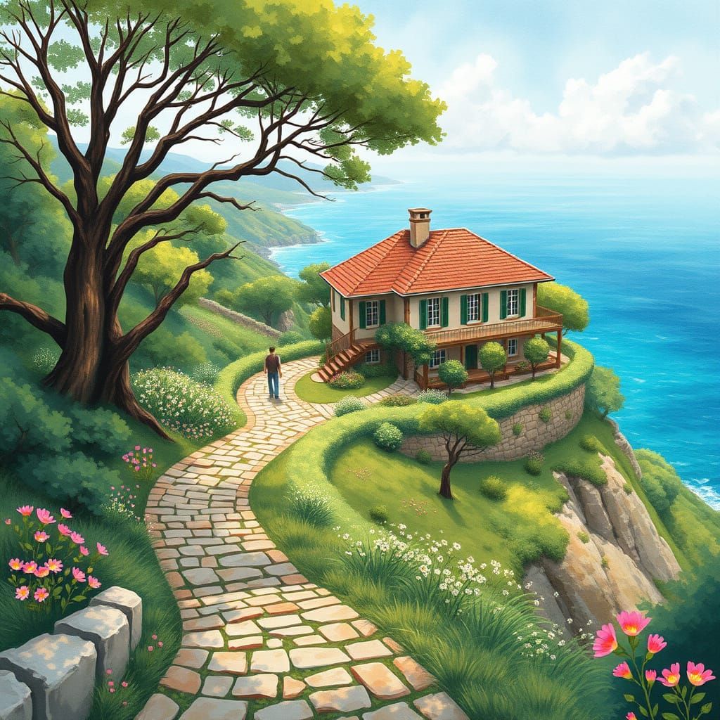 Impressionistic Italianate Home Overlooking Turquoise Ocean