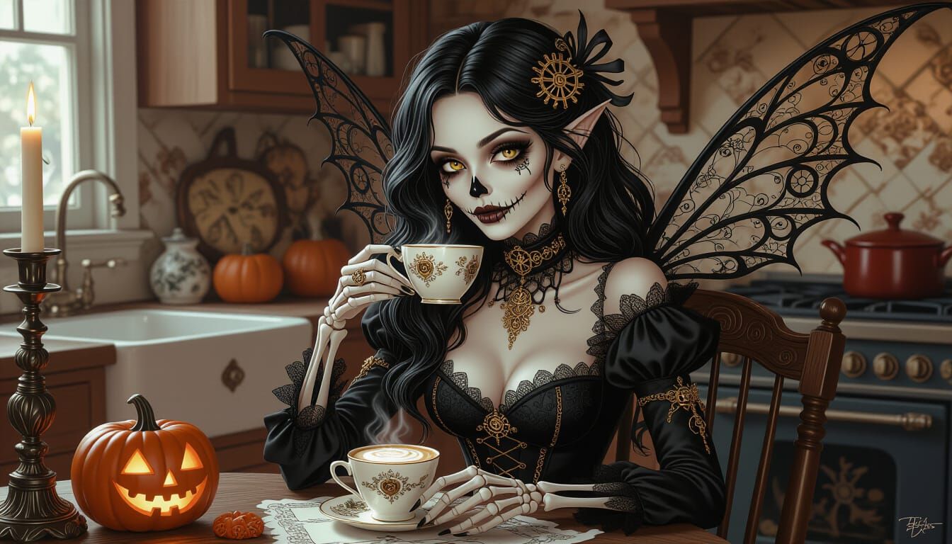 Skeletal Faerie Enjoys Latte in Gothic Kitchen