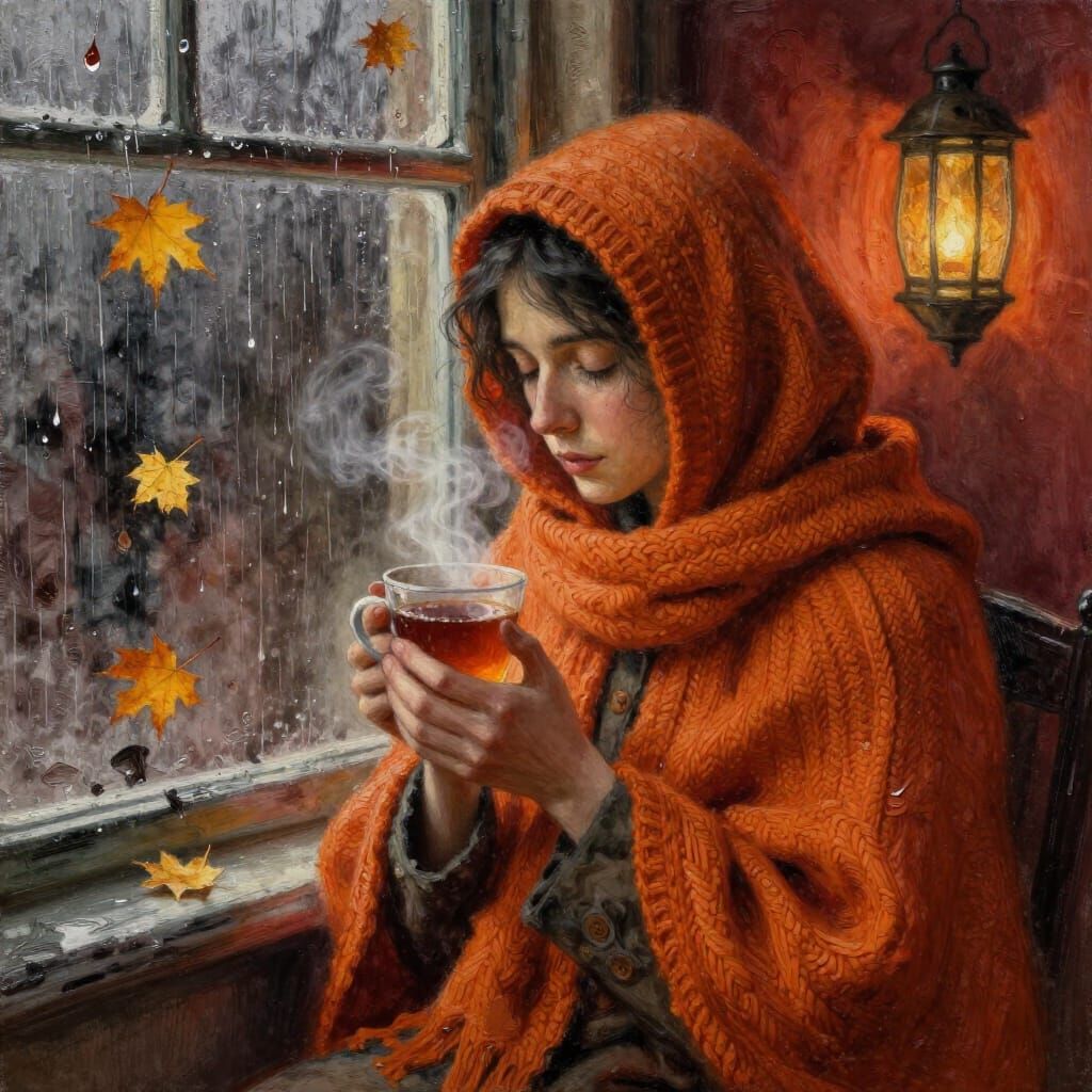 Autumn Window Watcher in Warm Amber Light