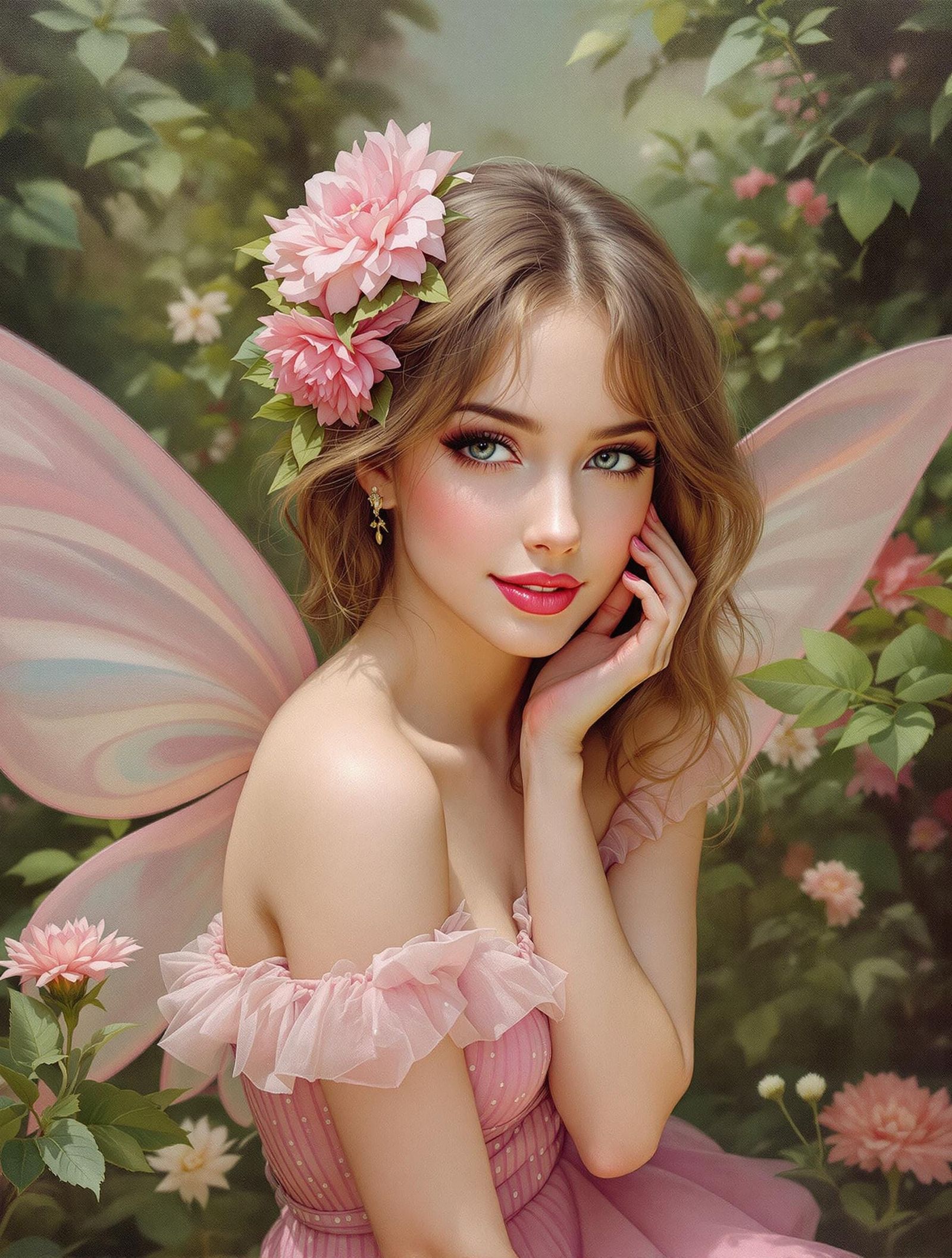 Fairy in Lush Garden, Close Up Oil Painting