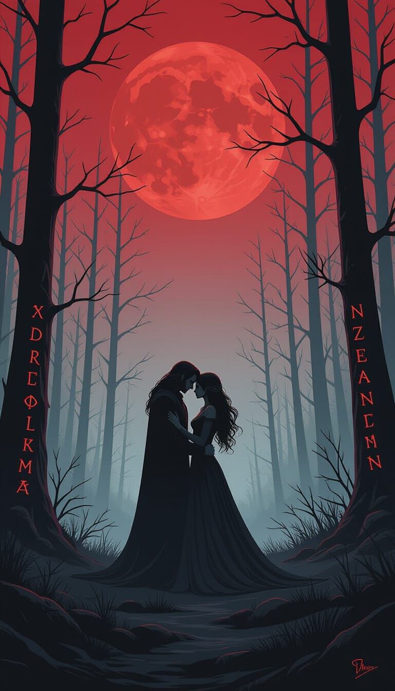 Lovers Under Blood Moon in Dark Fantasy Style
