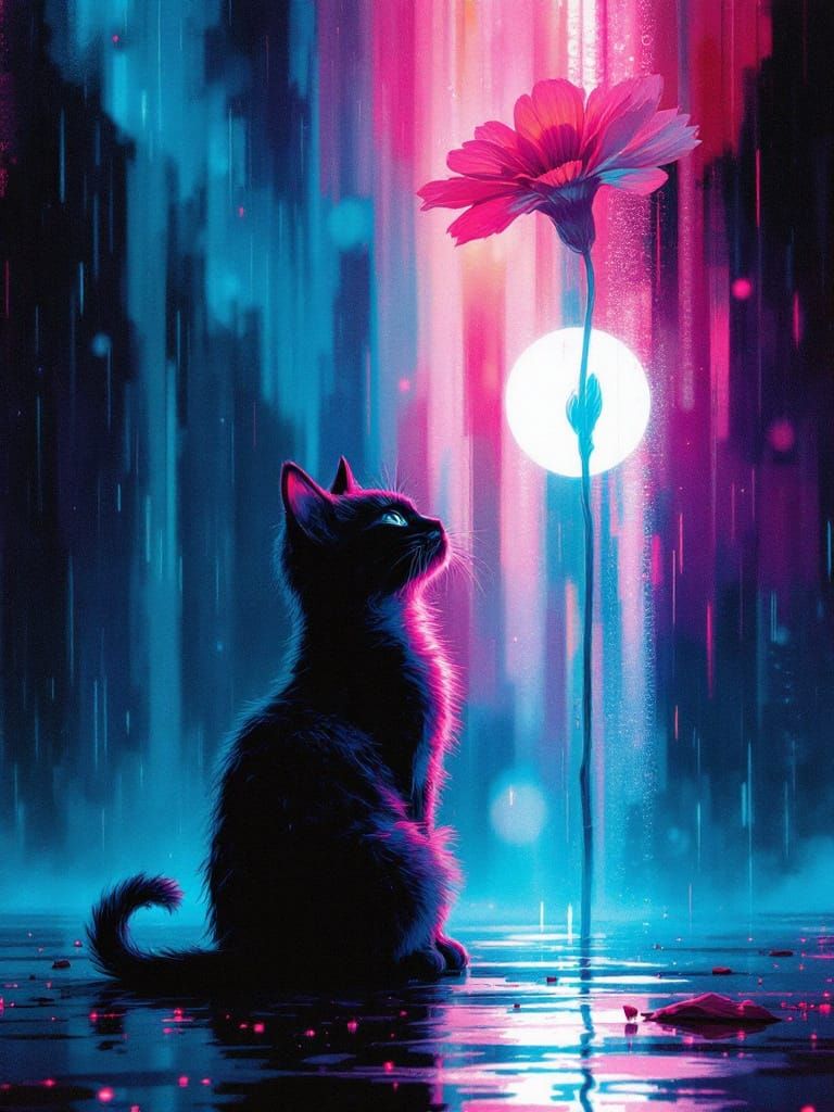 Cyberpunk Cat Under Glowing Moon in Neon Rain