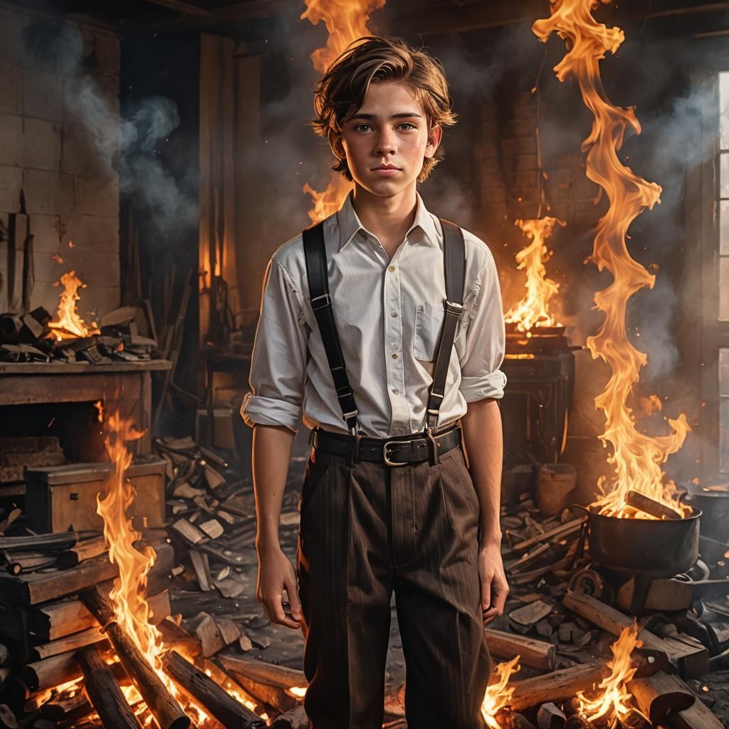 Boy with Steampunk Tools Amidst Fire, Hyperrealistic Art