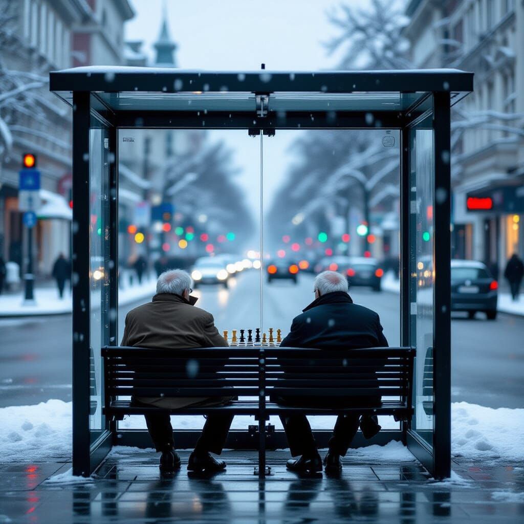 Chess Game at Snowy Bus Stop, Documentary Photography