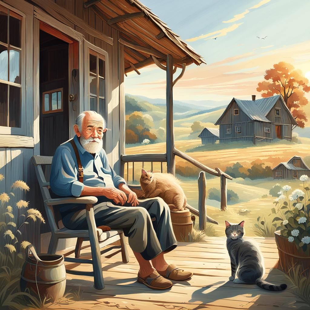 Elderly Man and Cat in Rural Oil Painting