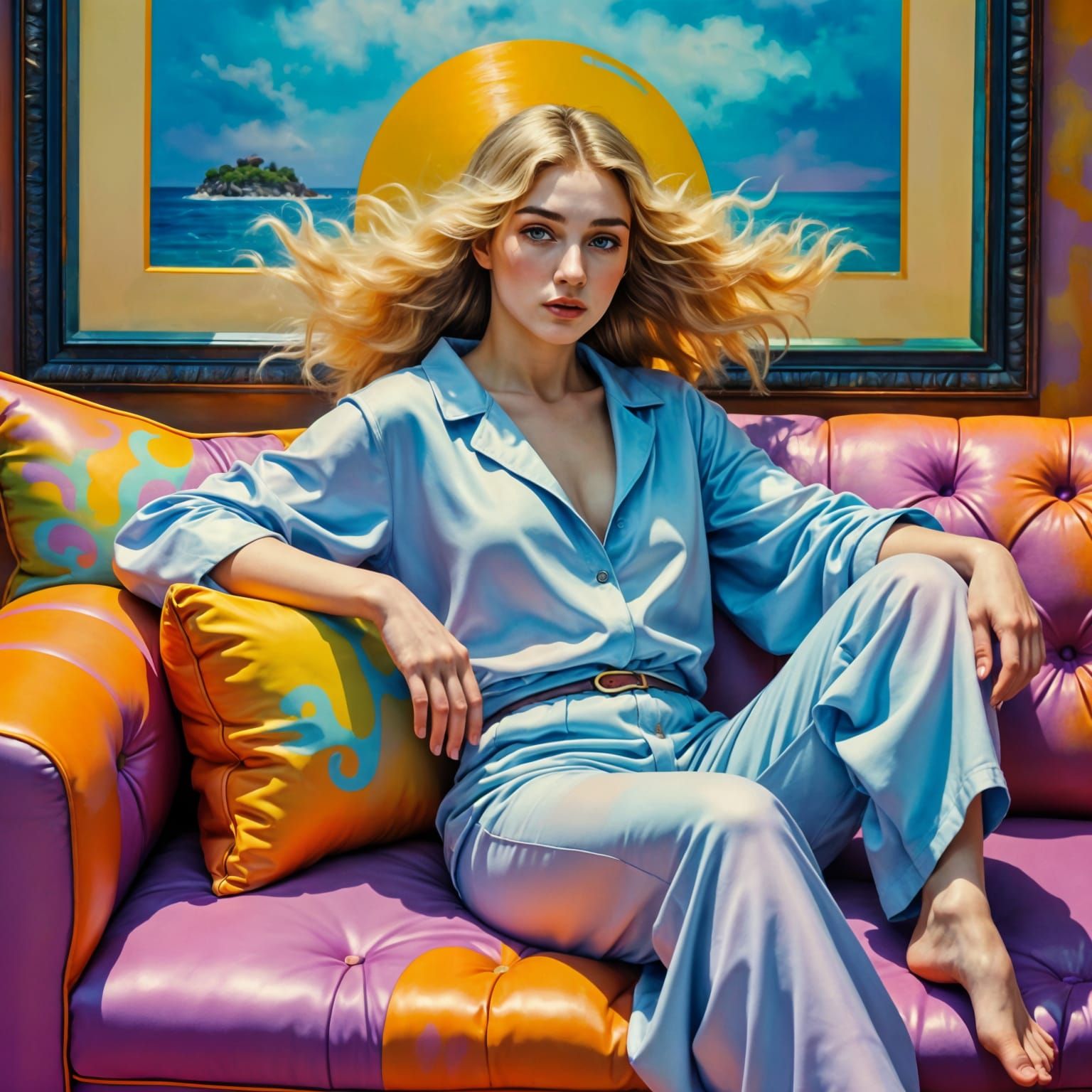 Ethereal Woman in Windswept Pajamas, Vapor-Impressionist Sty...