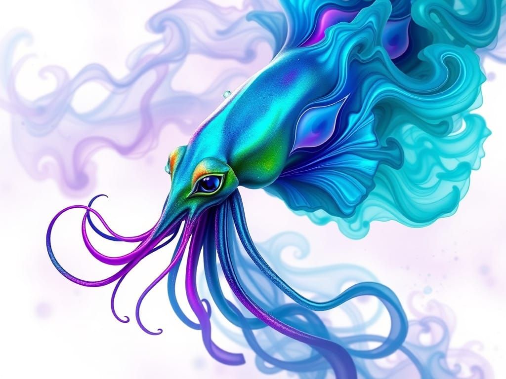 Majestic Squid-Peacock Hybrid Unfurls Iridescent Ink