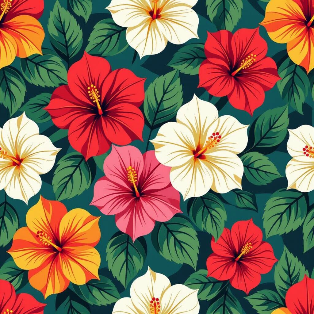 Stylized Hibiscus Flower Pattern in Post-Impressionist Style