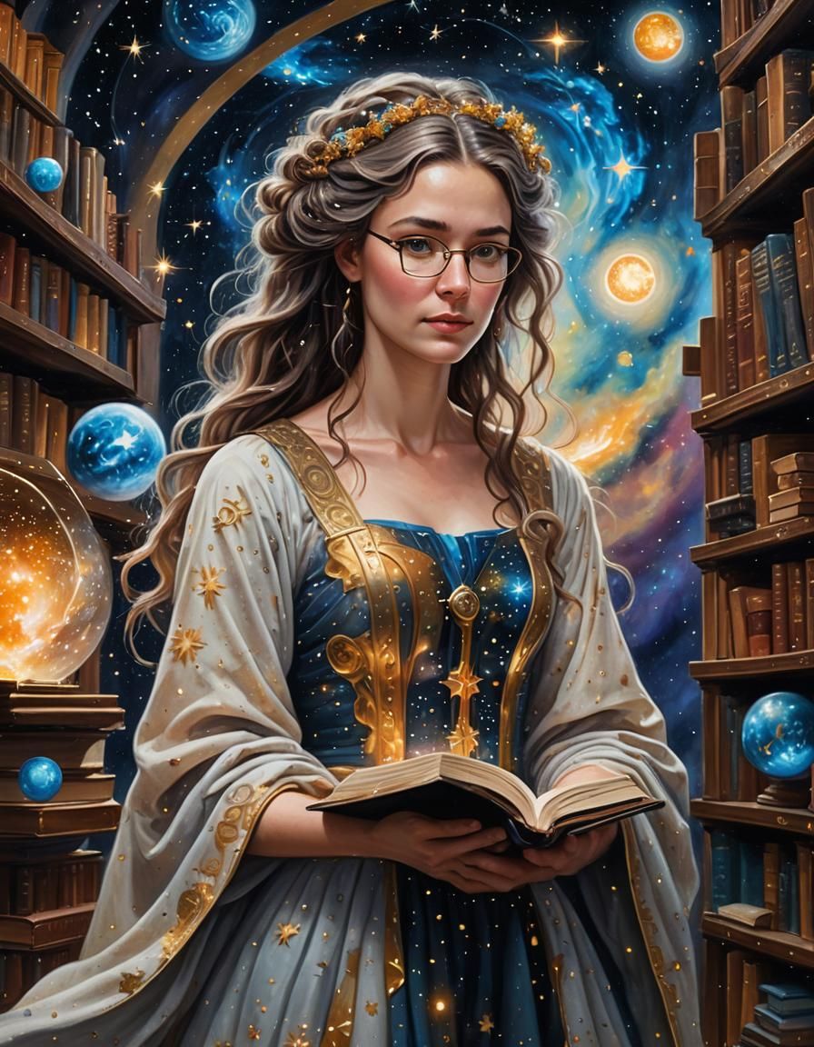 Galactic Librarian in Ancient Floating Library as Oil Painti...