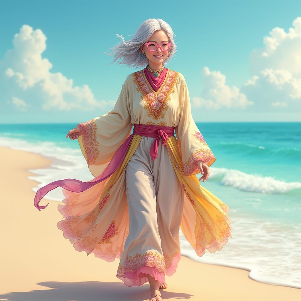 Elegant Silver-Haired Woman Strolls Beach in Vibrant Attire