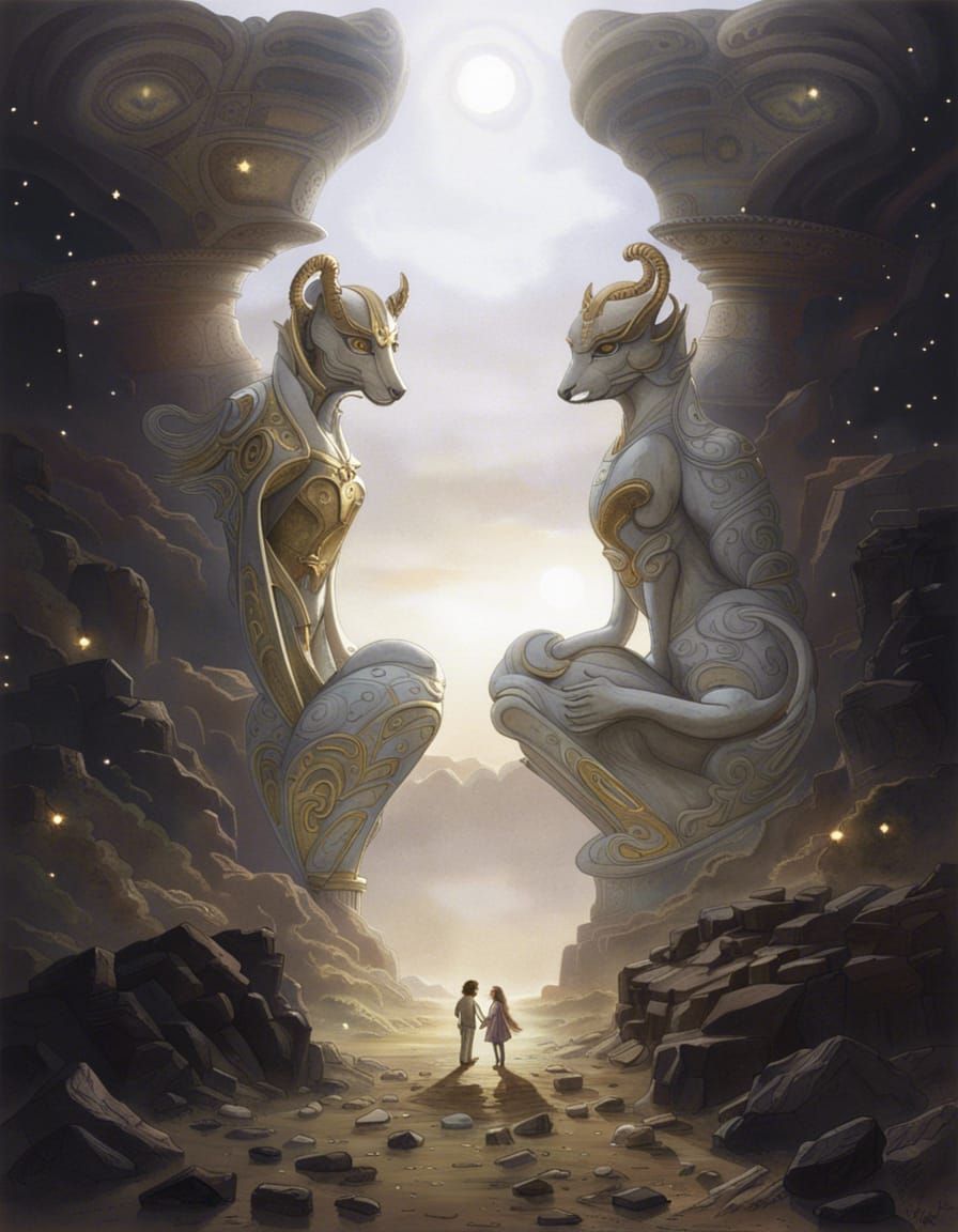 The Neverending story, fantasia, twin gigantic sphinx statues reflective metalllic facing each other, golden bright glow...
